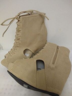 Beige Perforated Lace-Up Wedge Booties | Sz 8.5M